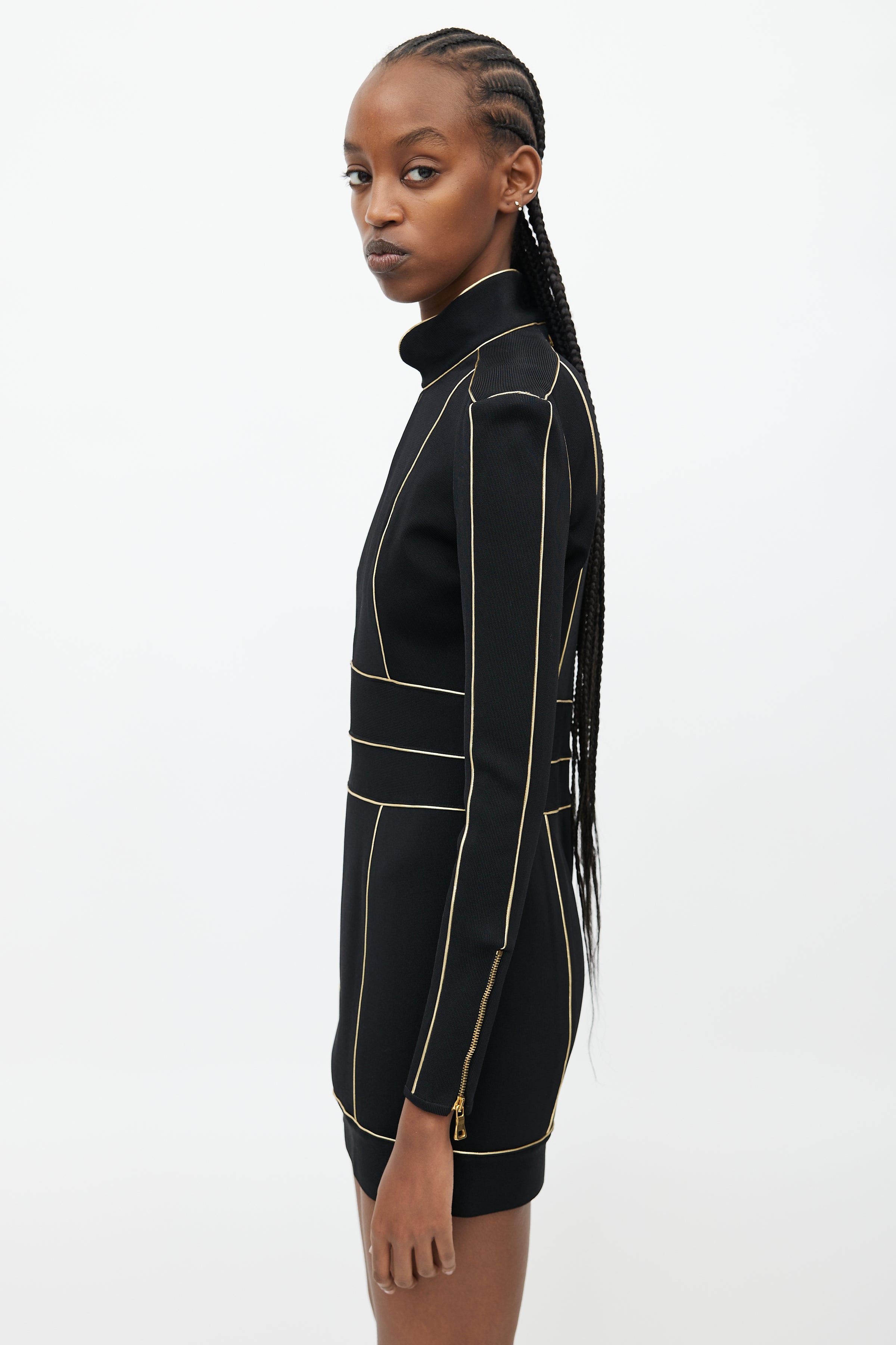 Balmain // Black & Gold Midi Knit Dress VSP Consignment Balmain // Black & Gold Midi Knit Dress VSP Consignment