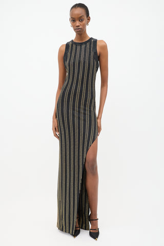 Balmain Black & Gold Rhinestone Stripe Maxi Dress