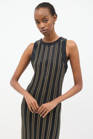 Balmain Black & Gold Rhinestone Stripe Maxi Dress