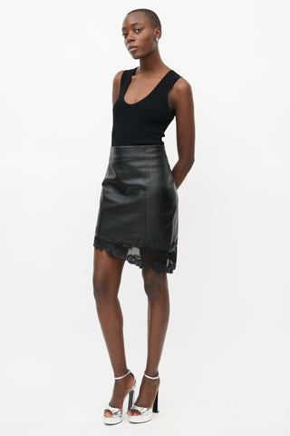 Balmain Black Leather Lace Skirt