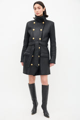 Balmain Black Leather & Shearling Coat