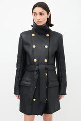 Balmain Black Leather & Shearling Coat