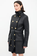 Balmain Black Leather & Shearling Coat