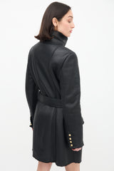 Balmain Black Leather & Shearling Coat