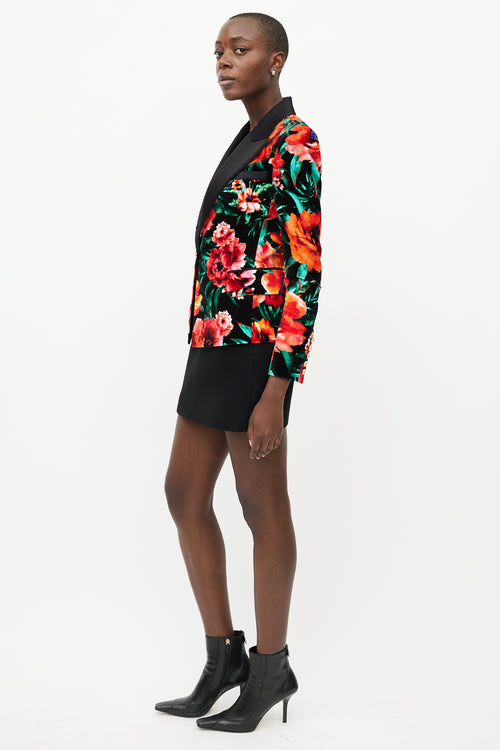 Balmain Black & Multicolour Floral Velvet Blazer