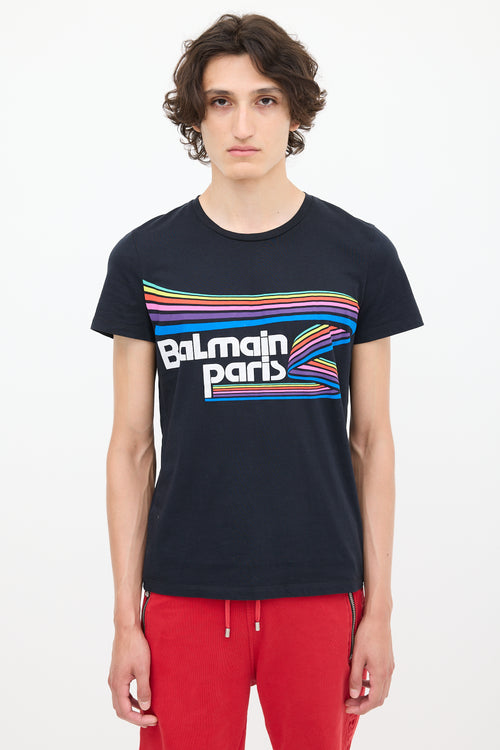 Balmain Black & Multicolour Rainbow Logo T-Shirt