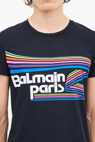 Balmain Black & Multicolour Rainbow Logo T-Shirt