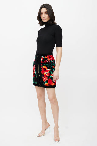 Balmain Black & Multicolour Velour Floral Skirt