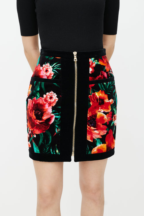 Balmain Black & Multicolour Velour Floral Skirt