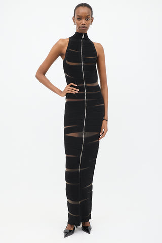 Balmain Black Ribbed Panel Zip Maxi Dress