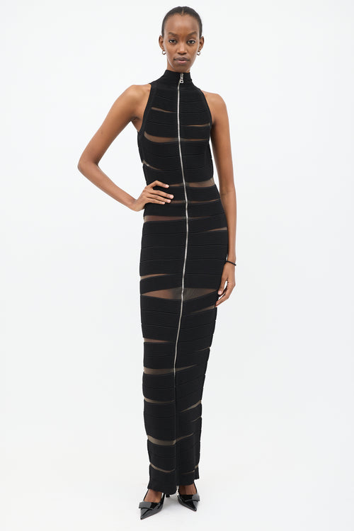 Balmain Black Ribbed Panel Zip Maxi Dress