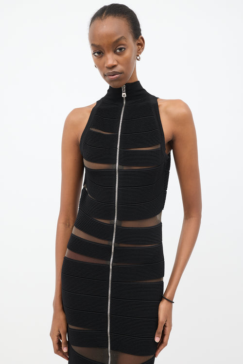 Balmain Black Ribbed Panel Zip Maxi Dress