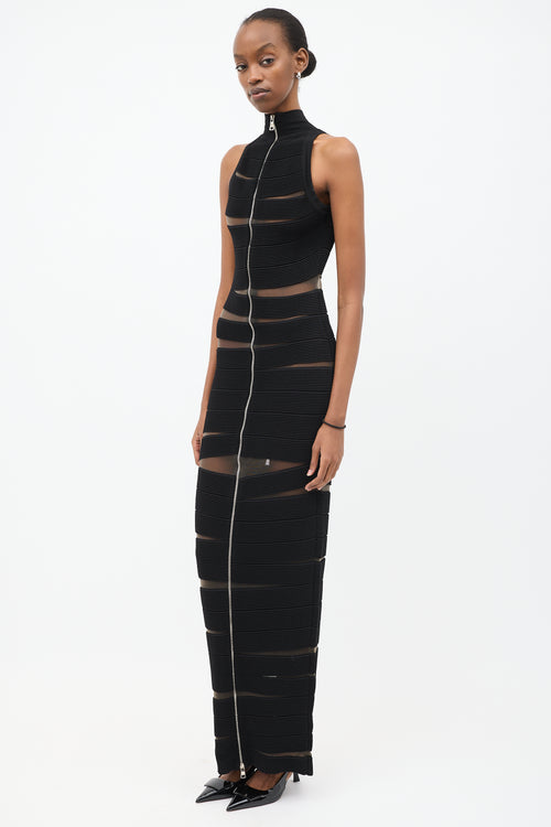 Balmain Black Ribbed Panel Zip Maxi Dress