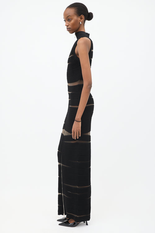 Balmain Black Ribbed Panel Zip Maxi Dress