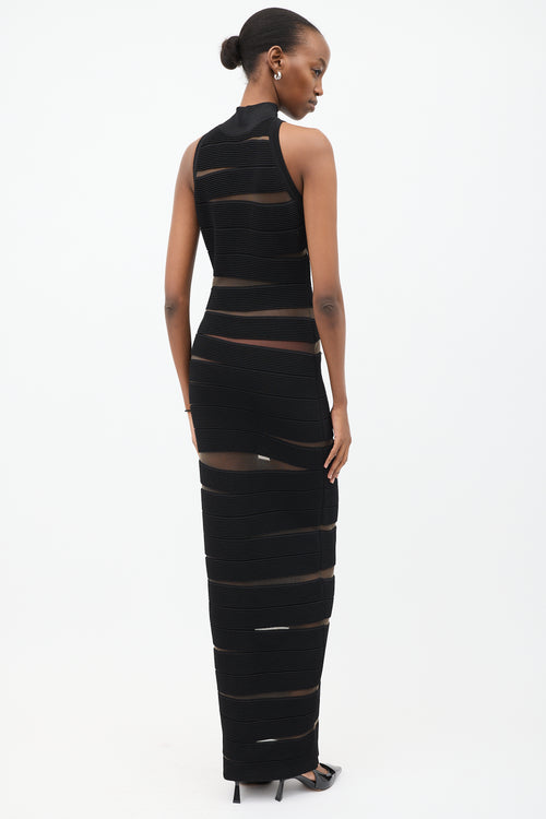 Balmain Black Ribbed Panel Zip Maxi Dress