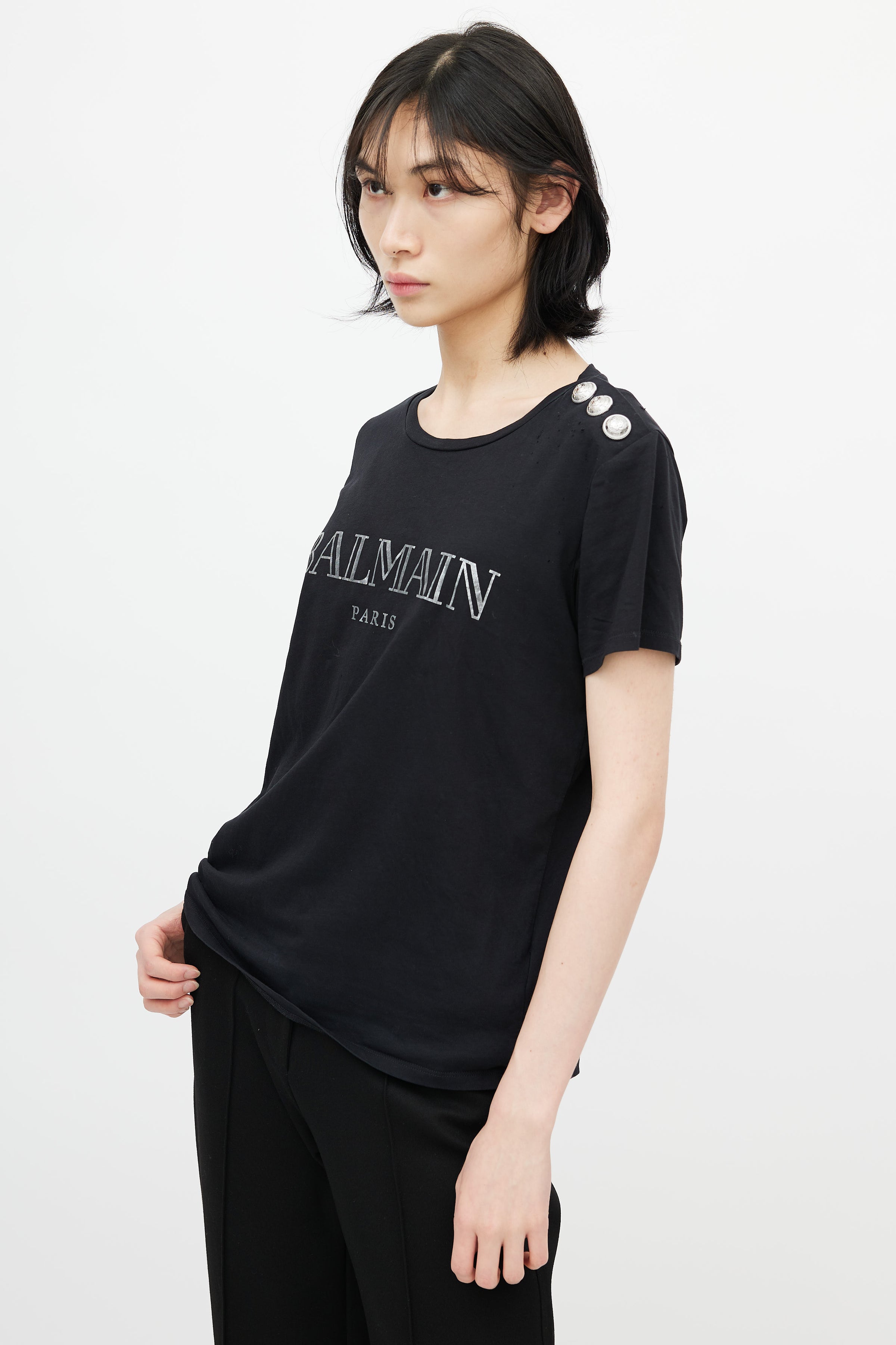 Balmain // Black & Silver Logo T-Shirt – VSP Consignment