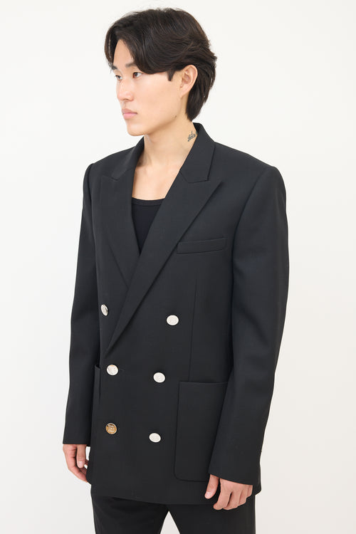 Balmain Black Wool Double Breasted Tuxedo Blazer