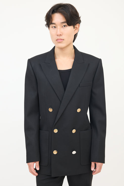 Balmain Black Wool Double Breasted Tuxedo Blazer