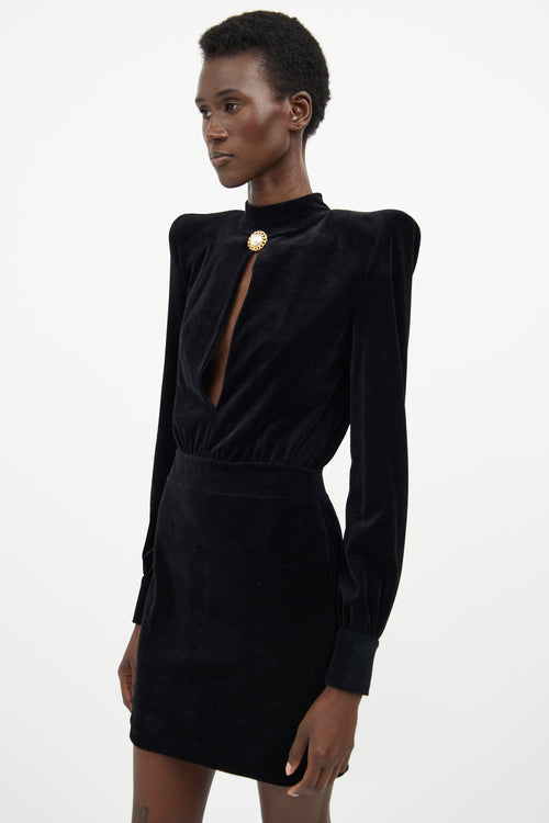 Balmain Black Velvet Button Long Sleeve Mini Dress