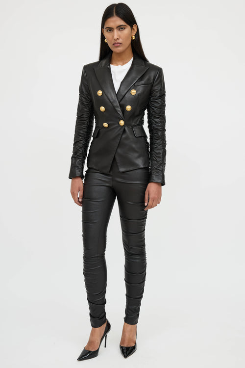 Balmain Black Leather Ruched Blazer