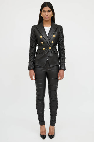 Balmain Black Leather Ruched Blazer