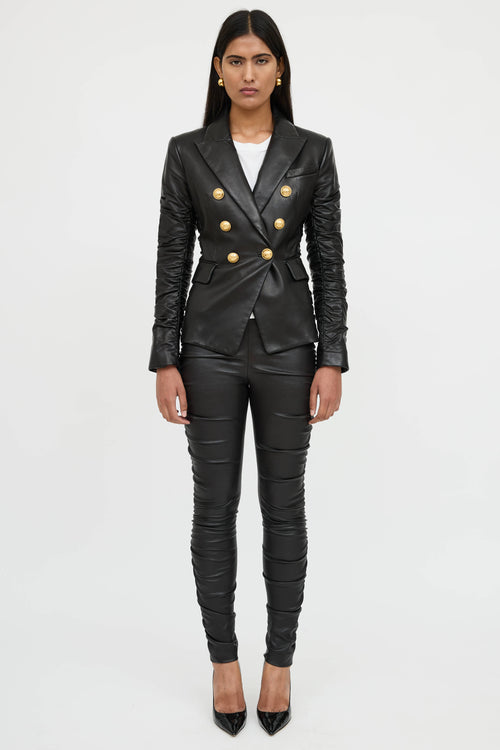 Balmain Black Leather Ruched Blazer