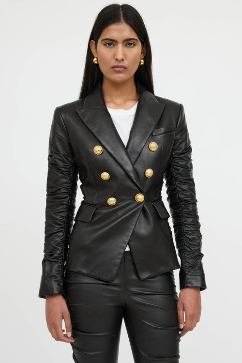 Balmain Black Leather Ruched Blazer