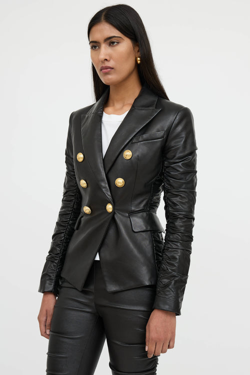 Balmain Black Leather Ruched Blazer