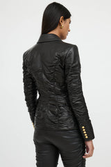 Balmain Black Leather Ruched Blazer