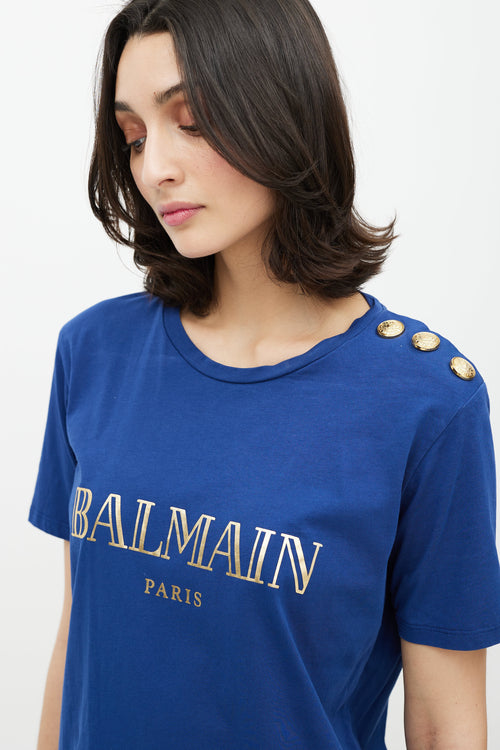 Balmain Blue & Gold Logo T-Shirt