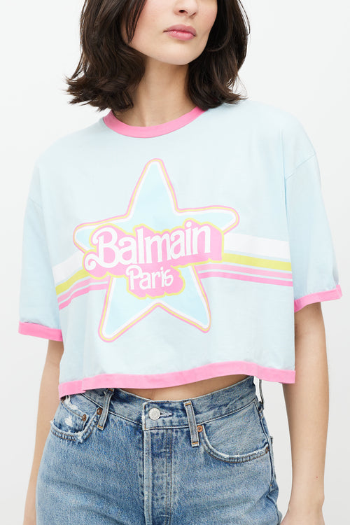 Balmain Blue & Multicolour Cropped Logo T-Shirt