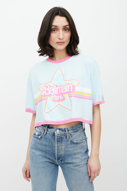 Balmain Blue & Multicolour Cropped Logo T-Shirt