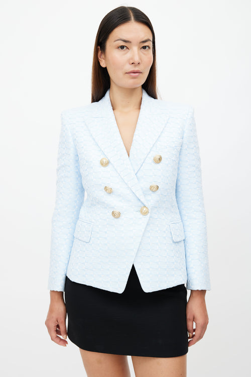 Balmain Blue & White Tweed Classic 6 Button Blazer