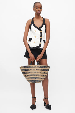 Balmain Brown & Black Raffia Logo Tote Bag