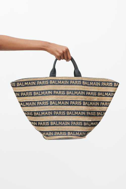 Balmain Brown & Black Raffia Logo Tote Bag