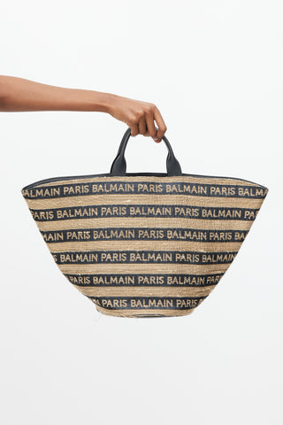 Balmain Brown & Black Raffia Logo Tote Bag
