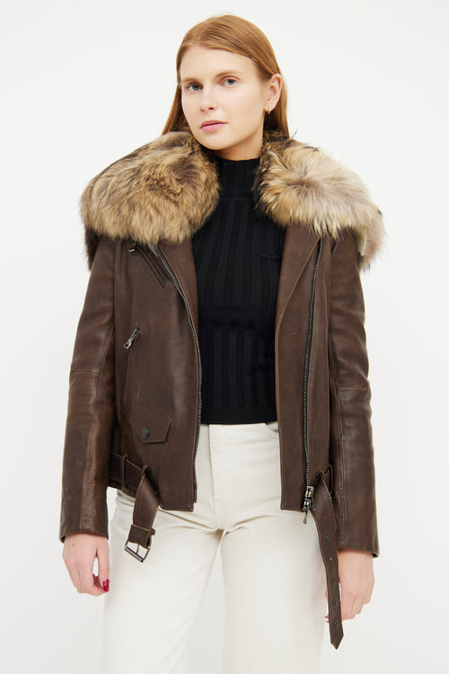 Balmain Brown Leather Fur Trim Collar Jacket