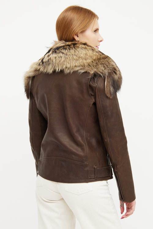 Balmain Brown Leather Fur Trim Collar Jacket