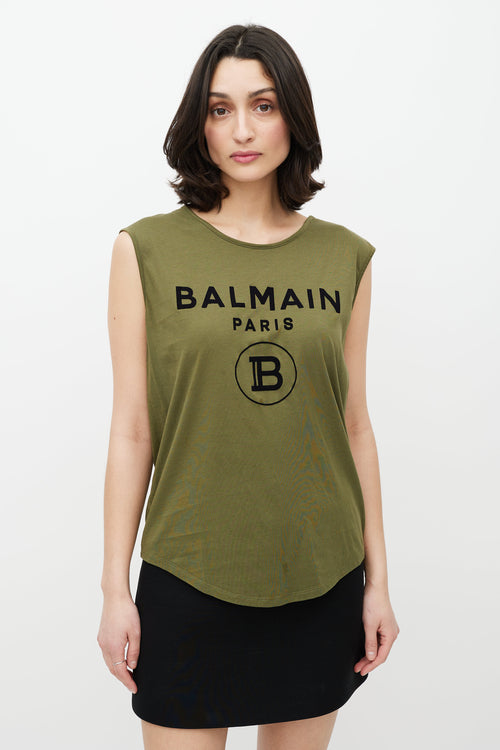 Balmain Green & Black Sleeveless Logo Top