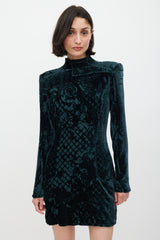 Balmain Green & Gold Velour Paisley Dress