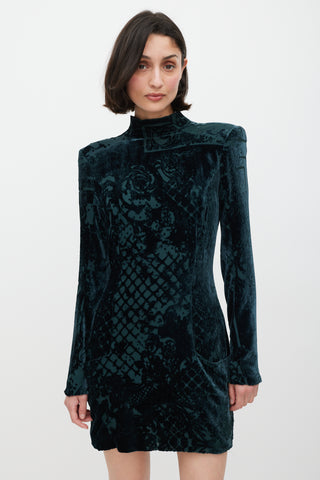 Balmain Green & Gold Velour Paisley Dress