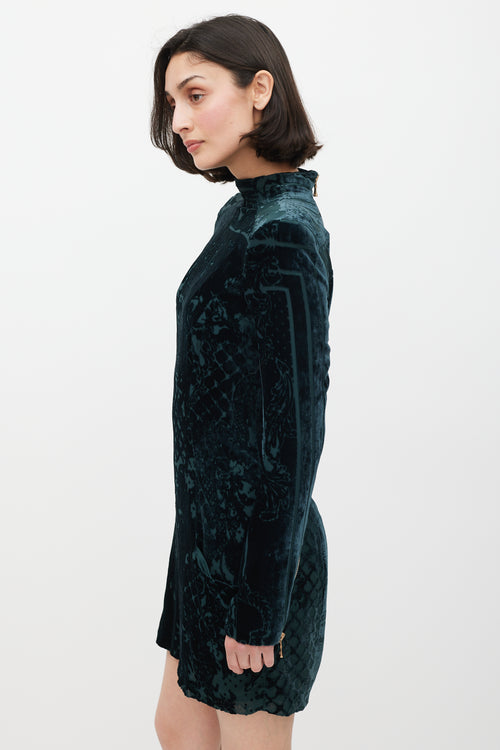 Balmain Green & Gold Velour Paisley Dress