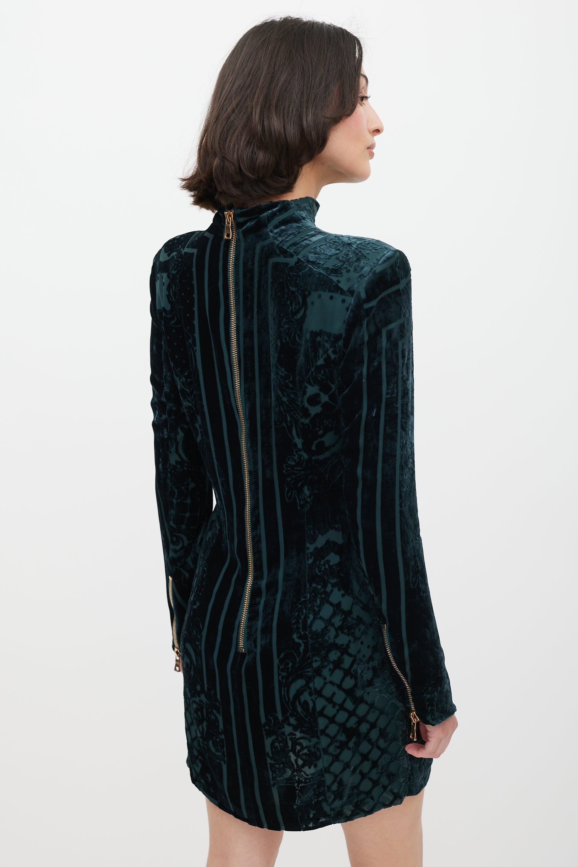 Balmain // Green & Gold Velour Paisley Dress VSP Consignment Balmain // Green & Gold Velour Paisley Dress VSP Consignment