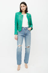 Balmain Green Quilted Leather Moto Jacket
