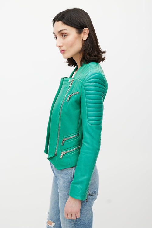 Balmain Green Quilted Leather Moto Jacket