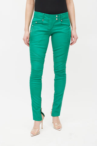 Balmain Green Ribbed Leather Slim Pant