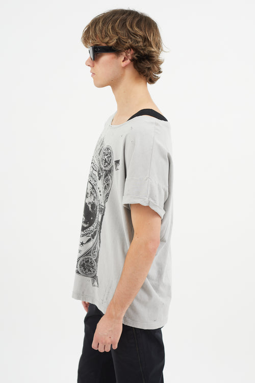 Balmain Grey Graphic Logo Distressed T-Shirt