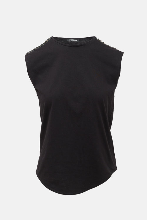 Balmain Leather & Chain Link Epaulette Tank Top