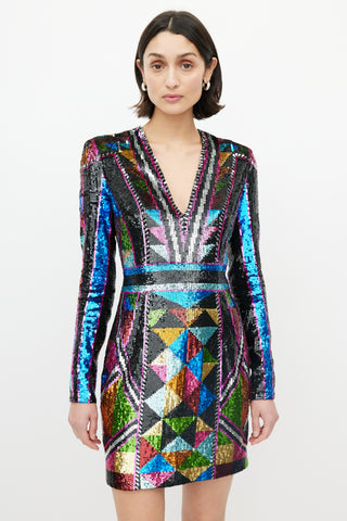 Balmain Multicolour Sequin V-Neck Dress