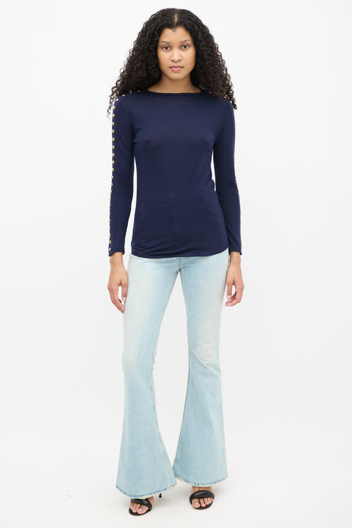 Balmain Navy Wool Embellished Long Sleeve Top